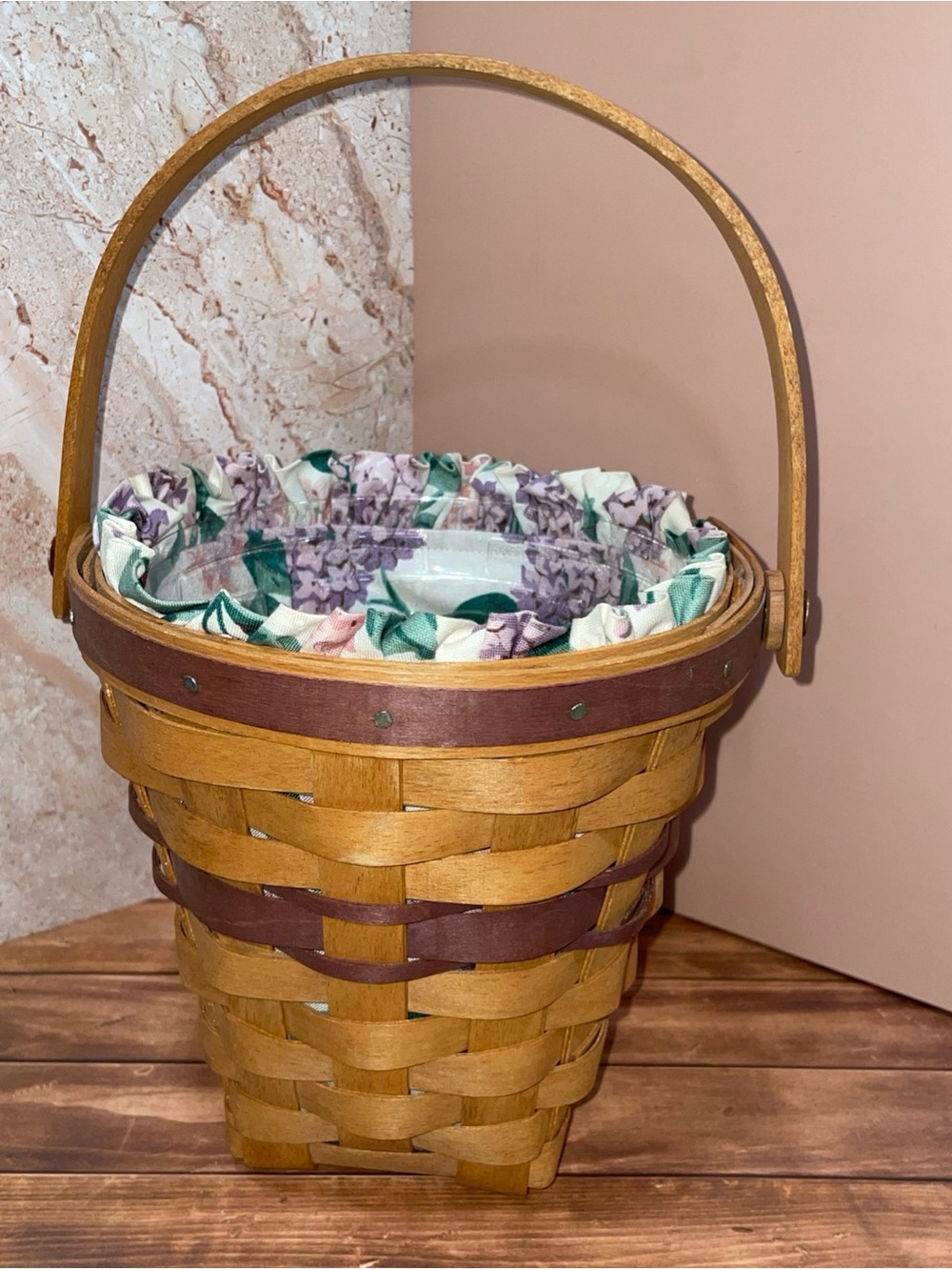 Longaberger 1994 May Series Lilac Basket w/ Handle, Liner, Protector Vintage